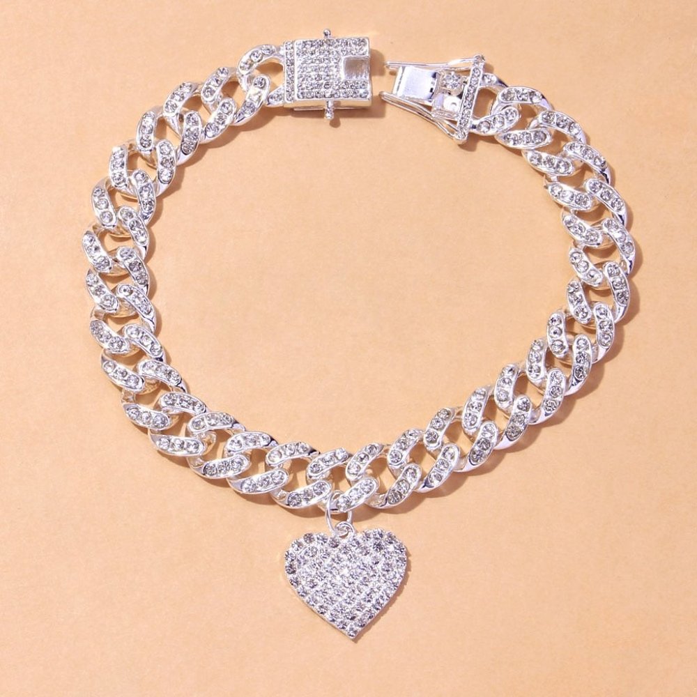 Chunky Miami Heart Shaped Cuban Link Foot Chain Anklet Bracelet Rhinestone - Picture 5 of 6